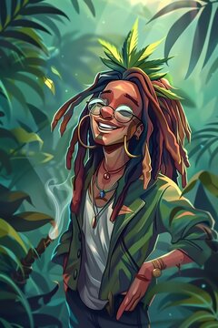 Colorful illustration of a cheerful character with dreadlocks and glasses in a jungle, capturing a relaxed tropical lifestyle with a touch of modern artistic style, Gernerative AI