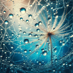 Water drops rain dew close-up macro to seed dandelion flower on a blue background. Beautiful image spiderweb. Abstract border template for design