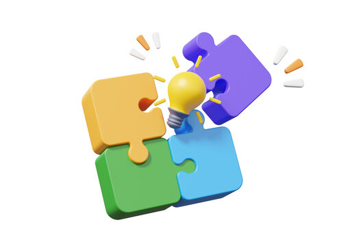 Jigsaw puzzle pieces partnership brainstorming teamwork concept. innovation light bulb idea education learning collaboration in successful business development. 3d rendering. illustration