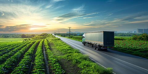 Agriculture logistics with a truck and farmer harvesting vegetables at sunrise, showcasing rural farming and fresh produce transportation, Gernerative AI