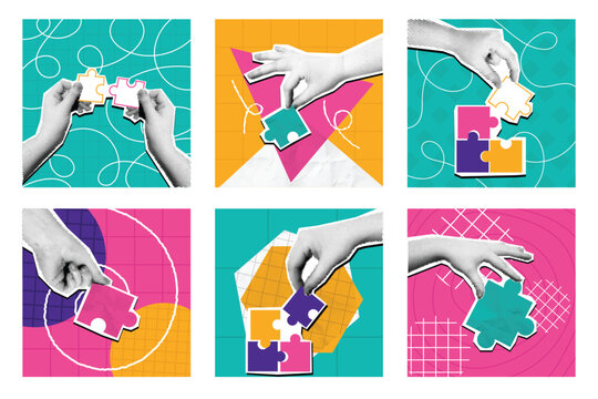 Halftone Puzzle Collage. Mixed Media Hands Holding Puzzle Pieces, Problem Solving Solution And Teamwork Concept Vector Illustration Set.