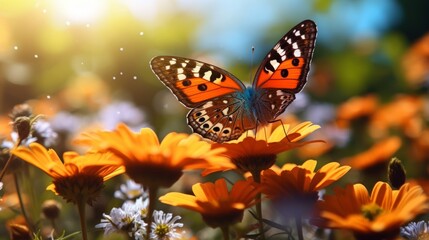 Obraz premium Closeup of wild beautiful butterfly on a flower in garden. Monarch butterfly collecting nectar from flower.