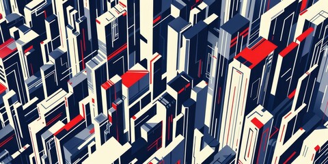 A pattern with blue, white, and red geometric stripes, their forms overlapping like a futuristic cityscape Generative AI