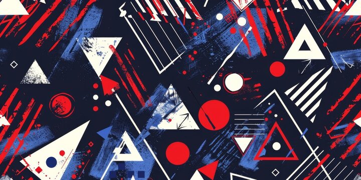 Blue and red geometric pattern with white triangles, stripes, dots, lines, abstract background Generative AI