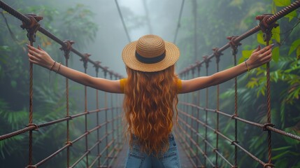 A young girl with long red hair in a straw hat standing on a rope bridge against the background of a dense jungle. - Powered by Adobe