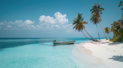 Tropical beach with white sand, turquoise water, and a boat. Palm trees sway under blue skies. Peaceful and idyllic setting for relaxation.