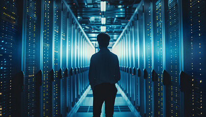 A horizontal side view shot of an IT technician working and checking system in the middle of the aisle inside a server room with rows of blue glowing network server cabinets on both sides
