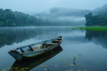 Old Boat on Misty Mountain Lake