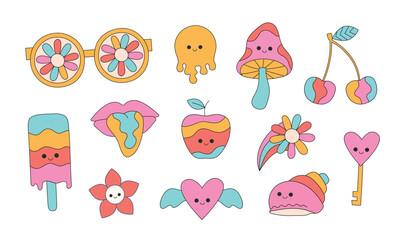 Bright groovy hippie 70s style psychedelic mushroom, glasses, cherry, ice cream, flower