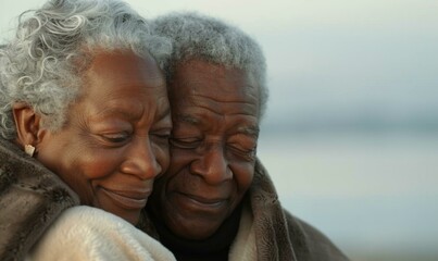 Two older black women hugging each other on a beach. AI.