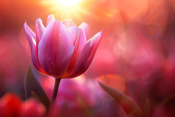 Vibrant pink tulip illuminated by the soft glow of sunset, its petals aglow with warmth.