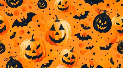 Halloween pattern with pumpkins, bats, and stars on an orange background. Festive design for greeting card, invitation, poster, wallpaper