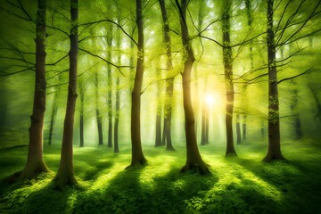 spring forest - fresh leaves and sun rays