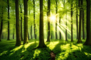 spring forest - fresh leaves and sun rays