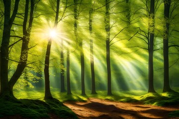 spring forest - fresh leaves and sun rays