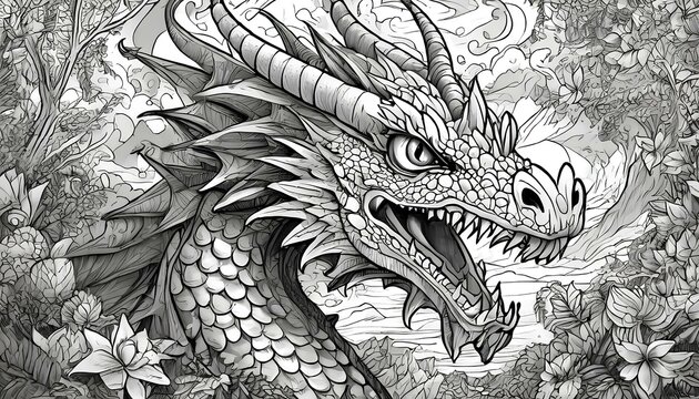 A black and white drawing of a dragon with its mouth open