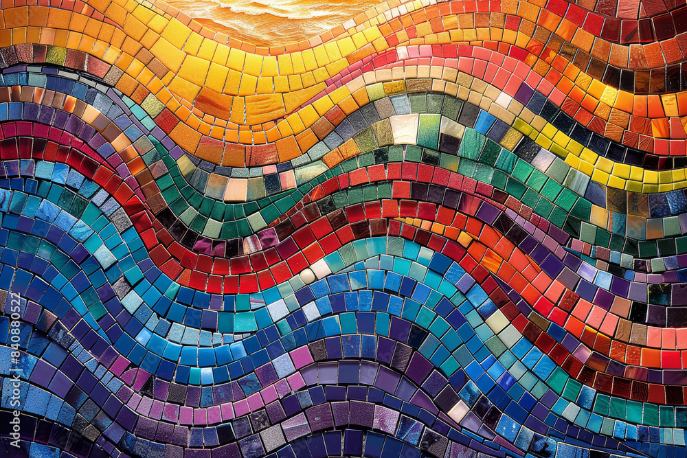 Poster a mosaic of tiny colored tiles creating a larger image. concept of detail and the bigger picture. ge