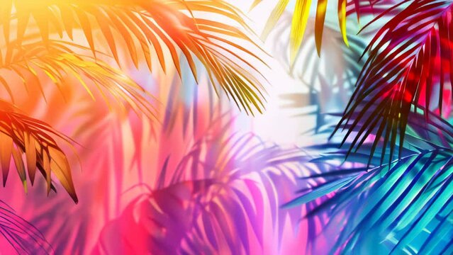 trendy summer Bali style floral colorful pattern background with copyspace , colorful green leaves palm shape art wallpaper, Summer colors botanical tropical leaves ,sun light and shadows