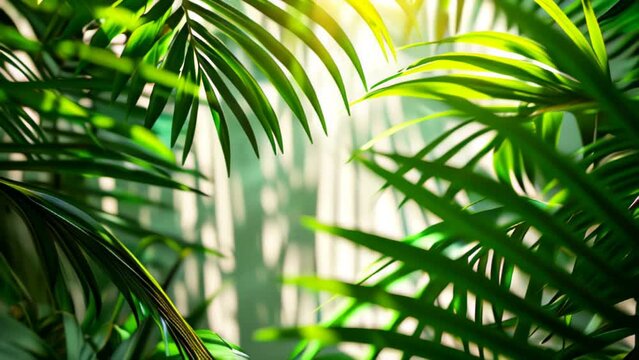 trendy summer Bali style floral colorful pattern background with copyspace , colorful green leaves palm shape art wallpaper, Summer colors botanical tropical leaves ,sun light and shadows