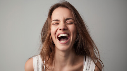 A woman with curly hair is smiling and laughing. She has a bright and happy expression on her face. a beautiful woman with a face full of excitement and joy, is smiling. White background