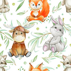 Adorable watercolor pattern of forest animals like foxes, rabbits, moose, and raccoons. Ideal for baby clothes, kids' room decor, and playful designs