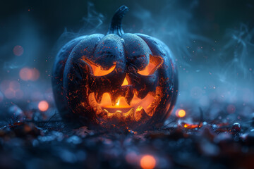 A jack-o'-lantern glowing in the dark. Concept of Halloween decorations and spooky fun. Generative Ai.