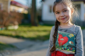 portrait of a girl in a gray blouse with an aquarium print and red pants. sparkles. background street, trimmed lawn.