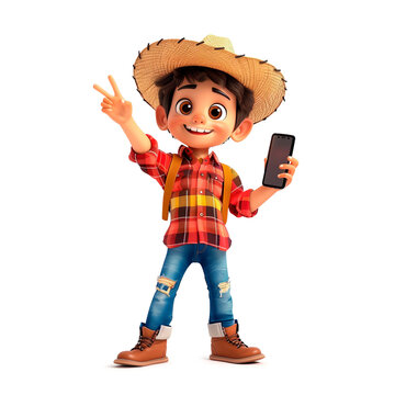 3d cartoon of happy boy at brazilian festa junina s&atilde;o jo&atilde;o