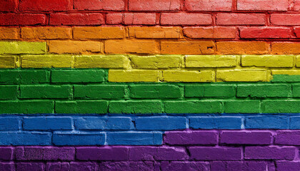 Fototapeta premium brick wall painted in the colors of the lgbt flag and rainbow, abstract texture background wallpaper for presentation close up full screen, queer lgbtq pride month