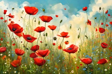 Fototapeta premium summer meadow with red poppies