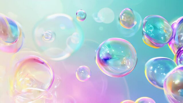 colorful soap bubbles floating against pastel gradient background, design childrens entertainment, party invitations, and creative marketing campaigns