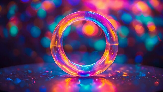 two intersecting neon rings. vibrant glowing hues of orange, pink, blue, green, and purple. 