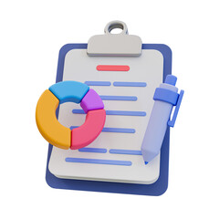 3D illustration of a clipboard with a pie chart and a pen, representing data analysis and reporting.