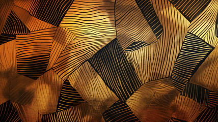 Abstract geometric pattern in gold and black with intricate line designs creating a modern, luxurious effect.