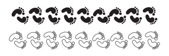 Footprint icon. Barefoot footprints, shoe prints. Collection of black symbols