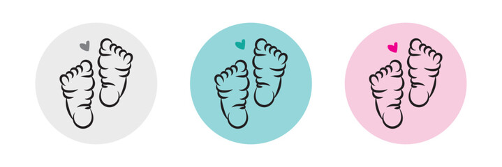 Baby footprint icon collection. Baby feet vector icon. Newborn barefoot icon set.