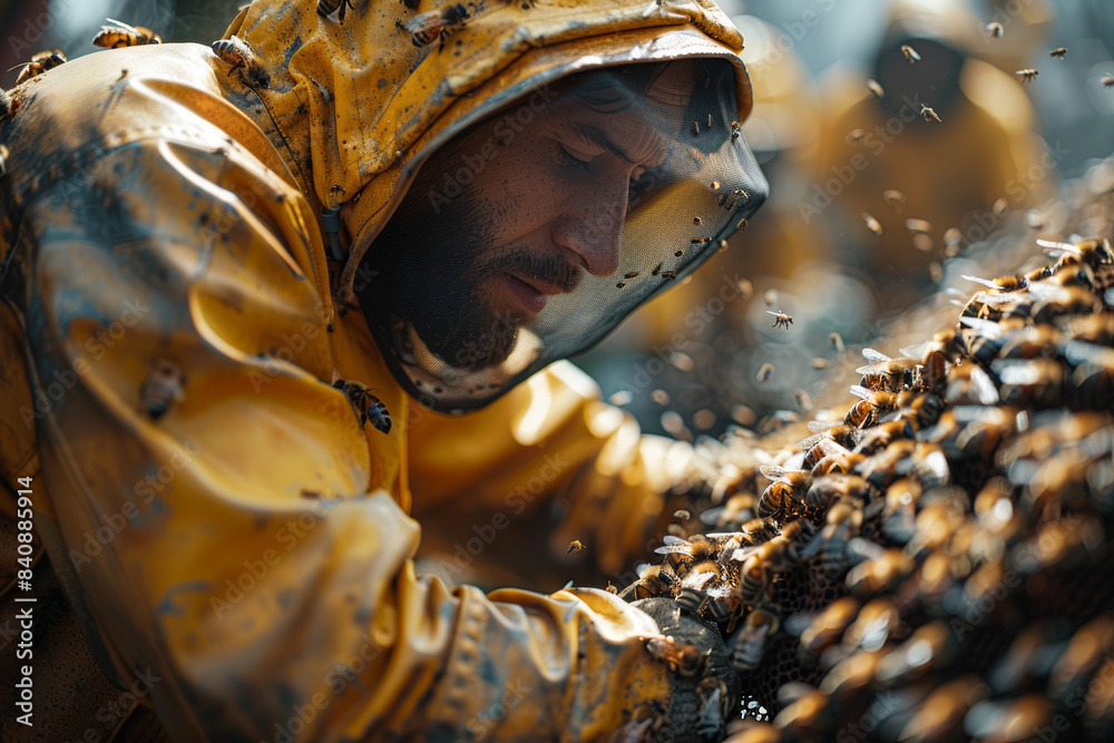 Canvas Prints A beekeeper tending to a hive full of bees. Concept of care and sustainability. Generative Ai.