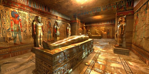 Sunlight streaming into an ancient Egyptian tomb, illuminating the sarcophagus and hieroglyphics, capturing the mystical and historic atmosphere of a pharaonic burial chamber, Generativ AI