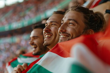 A spectator is draped in an Italian flag among a blurred crowd at a sports event, expressing nationalism and support