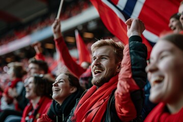 Group of fans in red celebrating with Norwegian flags in a stadium