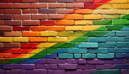 Fototapeta premium brick stone wall painted in the colors of the lgbt flag and rainbow, abstract texture background wallpaper for product presentation close up full screen, queer lgbtq pride month