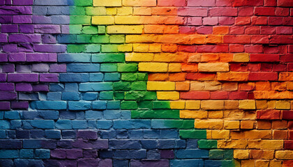 brick stone wall painted in the colors of the lgbt flag and rainbow, abstract texture background wallpaper for product presentation close up full screen, queer lgbtq pride month
