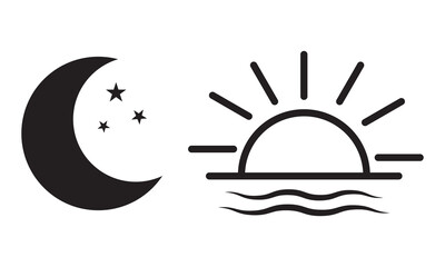 Day and night, dark and light modes. Screen modes icons set. Screen brightness and contrast level control icons. Day night switch. Vector Illustration