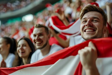 Friends exuberantly hold a team flag and express shared excitement at a sports match