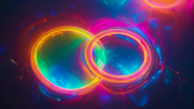 two intersecting neon rings. vibrant glowing hues of orange, pink, blue, green, and purple. 
