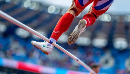 Athlete s feet clearing high jump bar, showcasing summer olympics sport technique in close up view