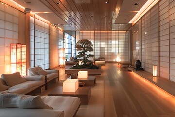 Naklejka premium This image showcases a serene and minimalist Asian-influenced living room, featuring clean lines and neutral tones, creating a tranquil and elegant space that radiates simplicity and harmony.