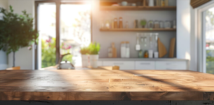 empty wooden table top in luxury home kitchen for food and kitchen appliance cooking equipment product display dais pedestal platform mockup background banner
