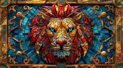 Obraz premium A colorful stained glass lion head with a blue eye