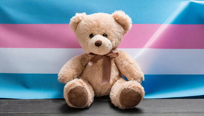 cute teddy bear sitting on the background of the transgender flag, queer lgbt pride visibility month
